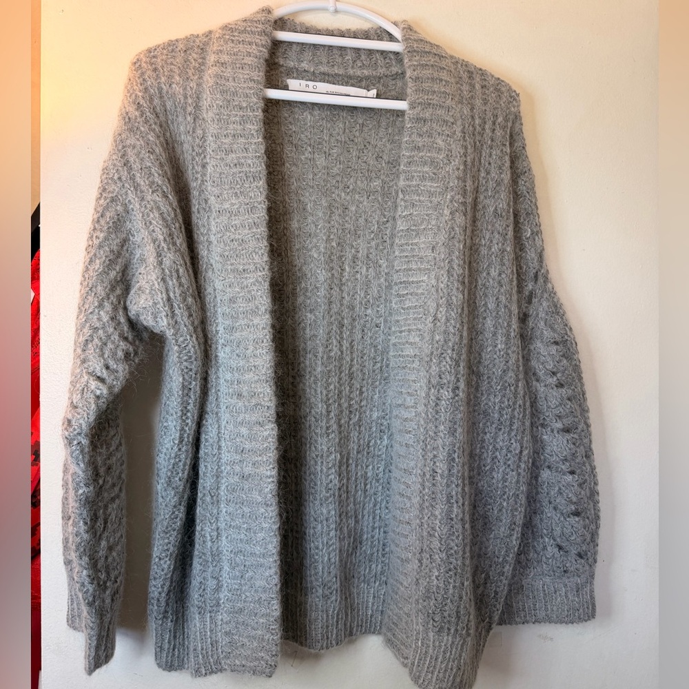IRO Paris Beatnik Mohair Blend Open Cardigan Gray Size 18W Cozy Knit Sweater